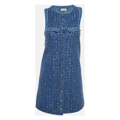 Sandro Blue Sequin Tweed Buttoned Trapeze Mini Dress