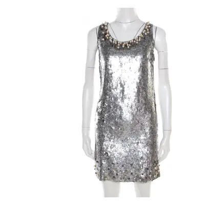 Red Valentino Silver Sequined Pearl Embellished Sleeveless Mini Shift Dress