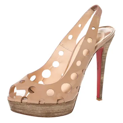 Christian Louboutin Beige Patent Leather Ginza Platform Slingback Sandals Size