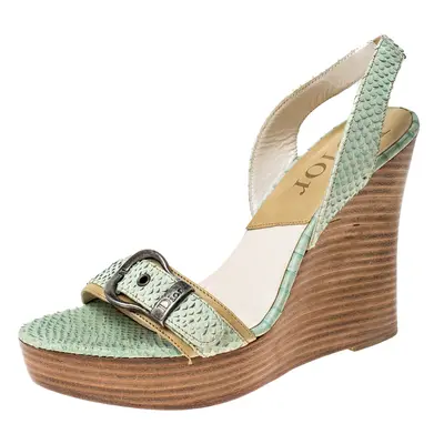 Christian Dior Green Python Slingback Wedge Platform Sandals Size