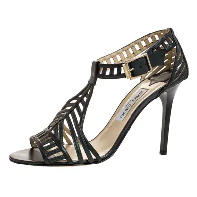 Jimmy Choo Metallic Dark Green Leather Cutout Open Toe Sandals Size