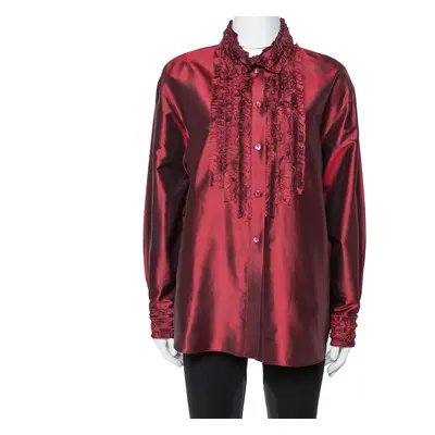 Kenzo Maroon Silk Ruffled Detail Long Sleeve Blouse