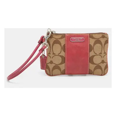 Coach Beige/Pink Signature Canvas and Leather Wristlet Pouch