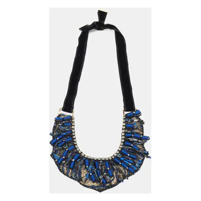 Etro Blue Silk Brocade Crystal Bead Statement Fabric Necklace