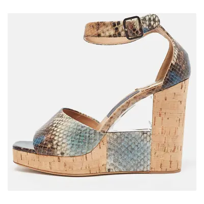 Salvatore Ferragamo Multicolor Python Embossed Ankle Strap Wedge Sandals Size