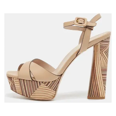 Le Silla Beige Leather Ankle Strap Platform Sandals Size