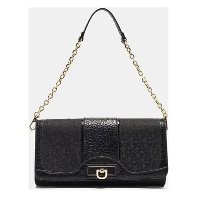 Dkny Black Monogram Canvas and Leather Flap Chain Bag