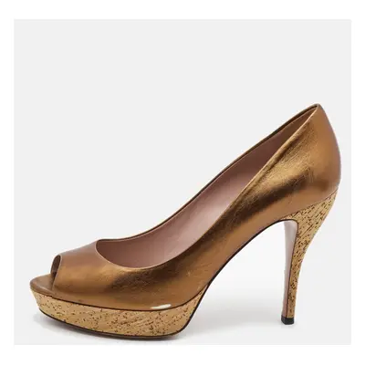 Gucci Metallic Bronze Leather Peep Toe Platform Pumps Size