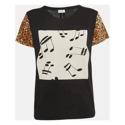 Saint Laurent Paris Black Musical and Leopard Print Cotton Jersey T-Shirt