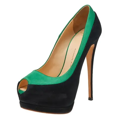 Giuseppe Zanotti Black/Green Satin and Suede Peep Toe Platform Pumps Size