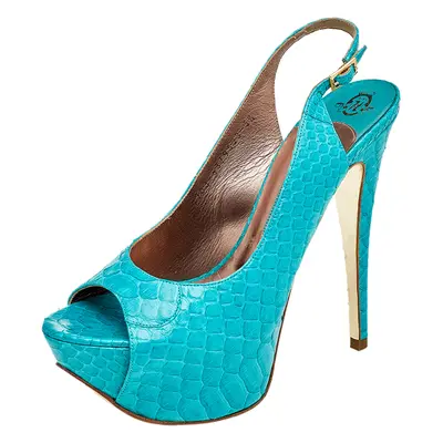 Gina Blue Python Peep Toe Platform Slingback Sandals Size 38.5