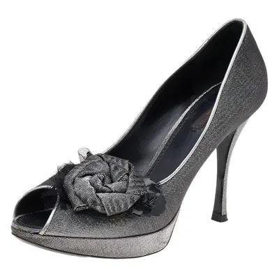 Louis Vuitton Silver/Black Lurex Fabric Floral Peep Toe Pumps Size 39.5