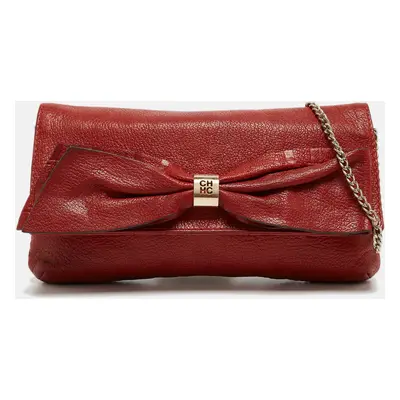 CH Carolina Herrera Red Monogram Leather Bow Chain Clutch