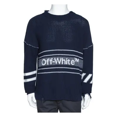 Off White Navy Blue Logo Intarsia Knit Distressed Jumper