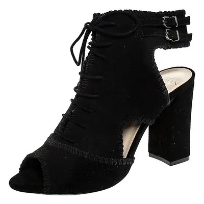 Alexandre Birman Black Suede Abbe Peep Toe Lace Booties Size