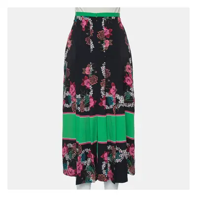 Sandro Black & Green Printed Chiffon Pleated Midi Skirt