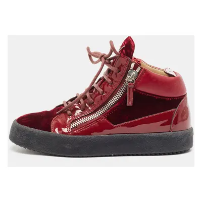 Giuseppe Zanotti Burgundy Velvet and Patent Frankie High Top Sneakers Size