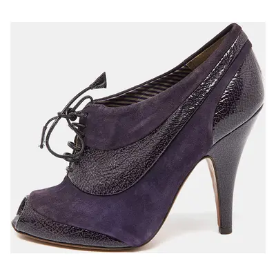 Moschino Purple Suede and Textured Leather Lace Up Peep Toe Ankle Booties Size 37.5