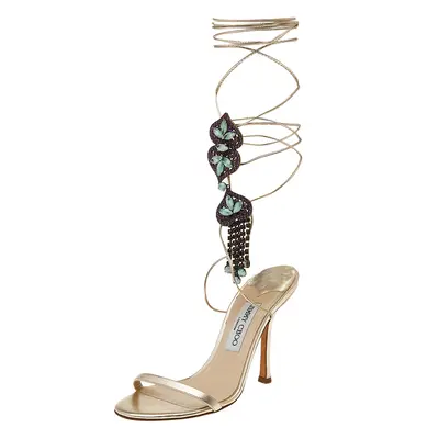 Jimmy Choo Metallic Beige Leather Crystal Embellished Tie Up Sandals Size