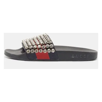 Gucci Navy Blue/Red Web Leather Crystal Embellished Slides Size