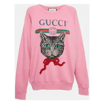 Gucci Pink Mystic Cat Logo Print Cotton Sweatshirt