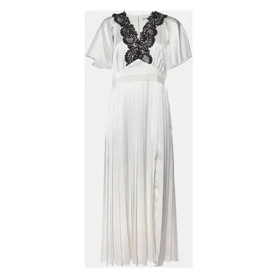 Self-Portrait White Lace Trim Satin Pleated Maxi Dress