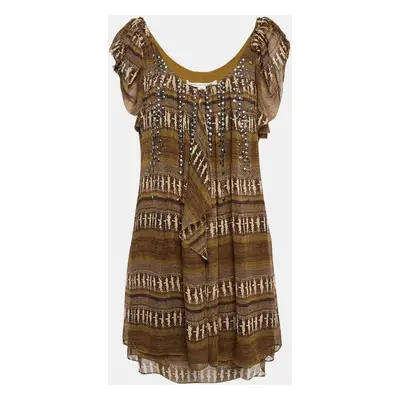 Diane Von Furstenberg Brown Printed Silk Neck Detail Mini Dress