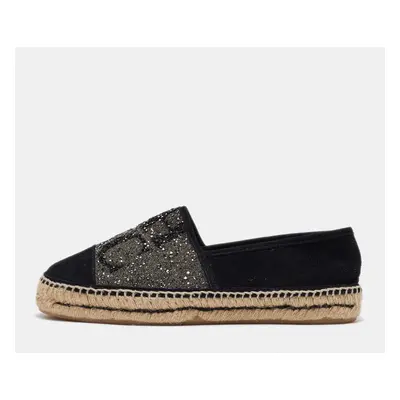 CH Carolina Herrera Black/Silver Crystal Embellished Suede Espadrille Flats Size