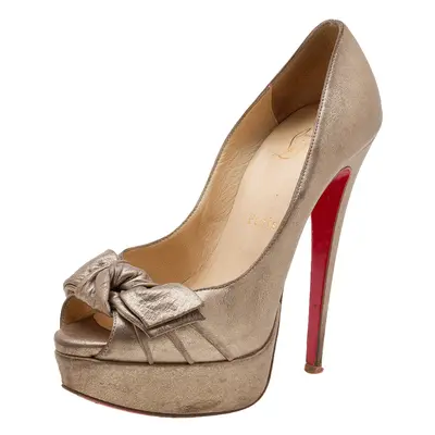 Christian Louboutin Metallic Gold Leather Madame Butterfly Peep Toe Platform Pumps Size 36.5