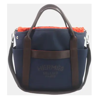 Hermes Sucked Pansage Groom 2WAY Tote Bag Blue Canvas