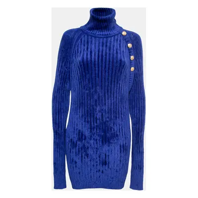 Balmain Blue Knit Button Embellished Turtleneck Sweater Dress