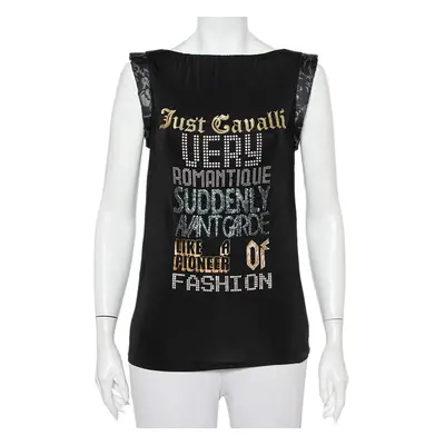 Just Cavalli Black Printed Jersey Puffed Armhole Detail T-Shirt