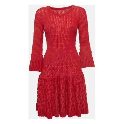 Alaia Red Chenille Wool Patterned Long Sleeve Skater Dress