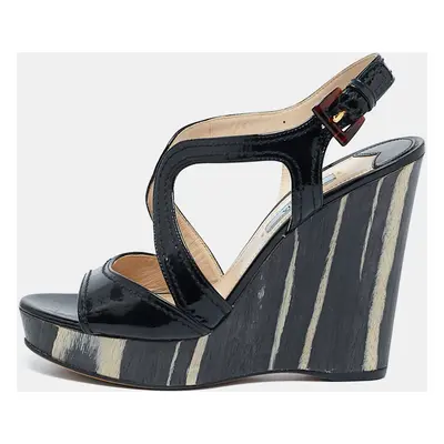 Prada Black Patent Leather Wooden Wedge Ankle Strap Sandals Size