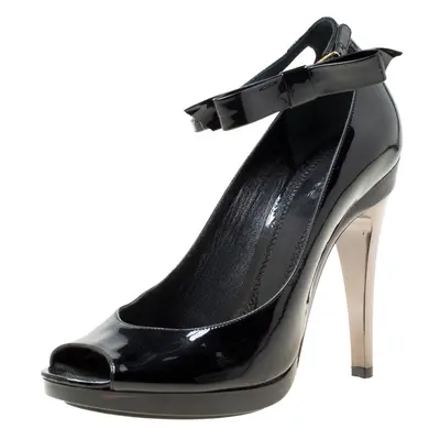 Chloe Black Patent Leather Bow Detail Ankle Strap Peep Toe Pumps Size