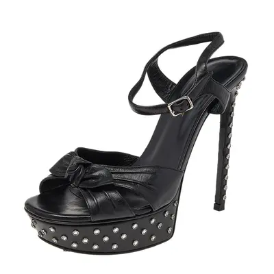 Saint Laurent Black Leather Embellished Platform Ankle Strap Sandals Size