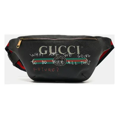 Gucci Black Pebbled Leather Logo Web Belt Bag