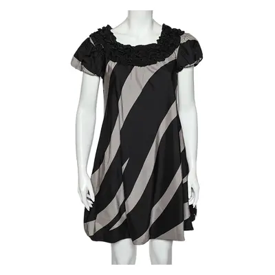 Moschino Cheap and Chic Monochrome Striped Silk Ruffled Neck Detail Mini Dress