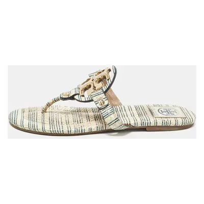 Tory Burch Off White/Blue Striped Embossed Snakeskin Miller Thong Flats Size 37.5