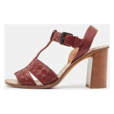 Bottega Veneta Burgundy Intrecciato Leather T-Strap Sandals Size