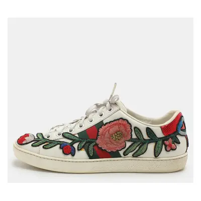 Gucci White Leather Ace Floral-Embroidered Web Low Top Sneakers Size