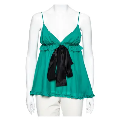 Dolce & Gabbana Green Silk Tie Detail Ruffled Sleeveless Top