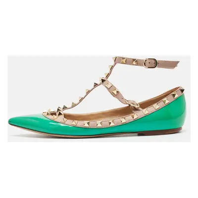 Valentino Green/Beige Patent and Leather Rockstud Ballet Flats Size