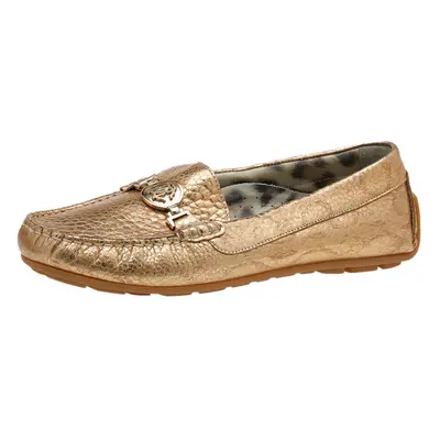 Roberto Cavalli Metallic Gold Iridescent Effect Leather Embellished Slip On Loafers Size