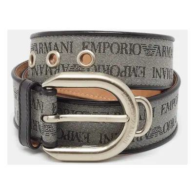 Emporio Armani Grey/Black Logo Print Fabric and Leather Buckle Belt