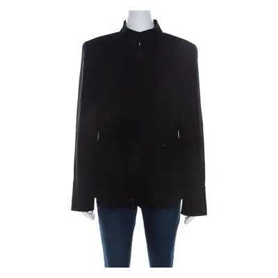 Escada Black Wool Crepe Chain Detail Stand Collar Jacket