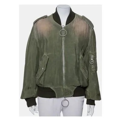 Off-White Green Cupro Washed Out Effect Zipper Front Bomber Jacket