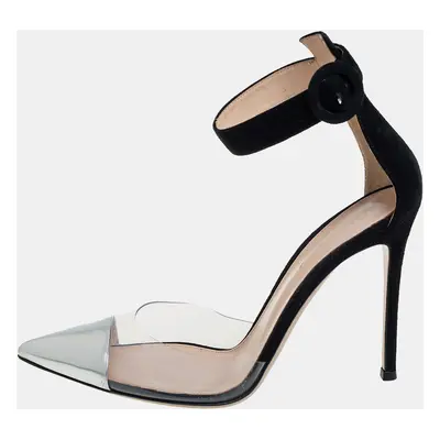 Gianvito Rossi Black/Silver Suede And PVC Ankle Strap Sandals Size