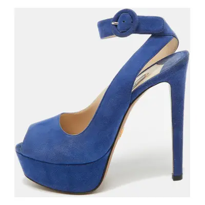 Prada Blue Suede Peep Toe Platform Ankle Strap Sandals Size 36.5