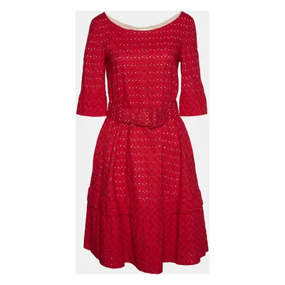 Marni Red Embroidered Cotton Belted Midi Dress